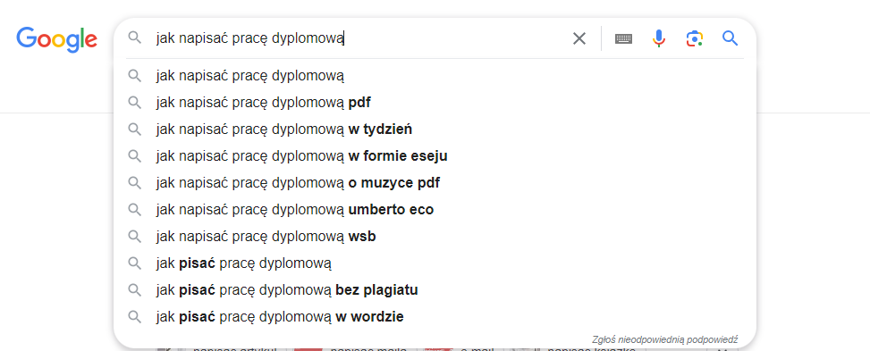 przykład podpowiedzi wyników wyszukiwania w Google