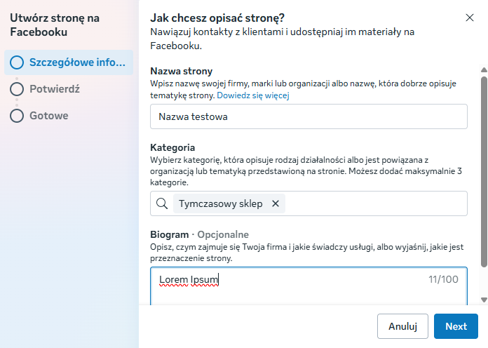 Tworzenie nowej strony w portfolio firmowym Meta