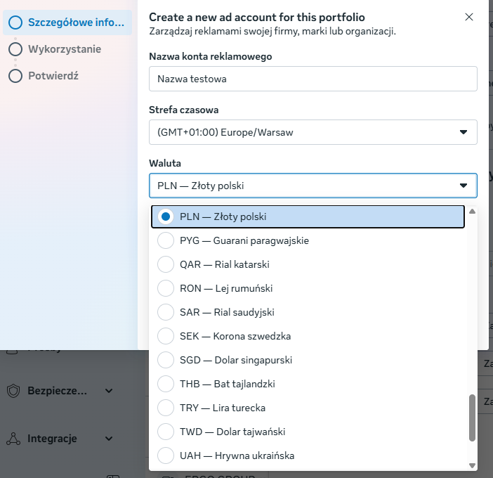 Dodawanie waluty i strefy czasowej w koncie reklamowym Meta