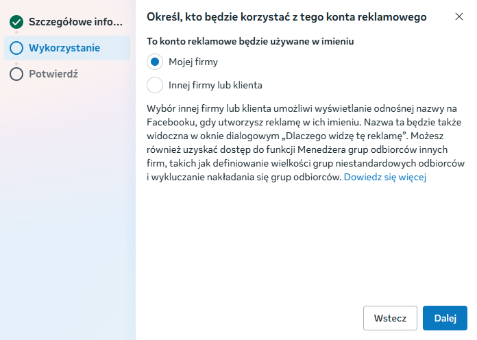 Sposób użycia konta reklamowego Meta