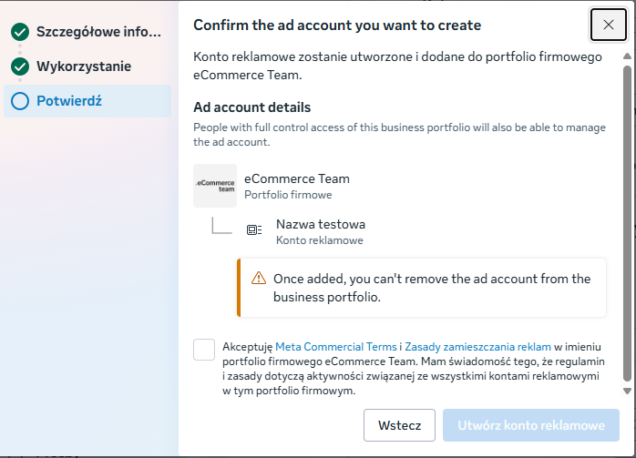 Utworzenie i dodanie konta reklamowego do portfolio Meta
