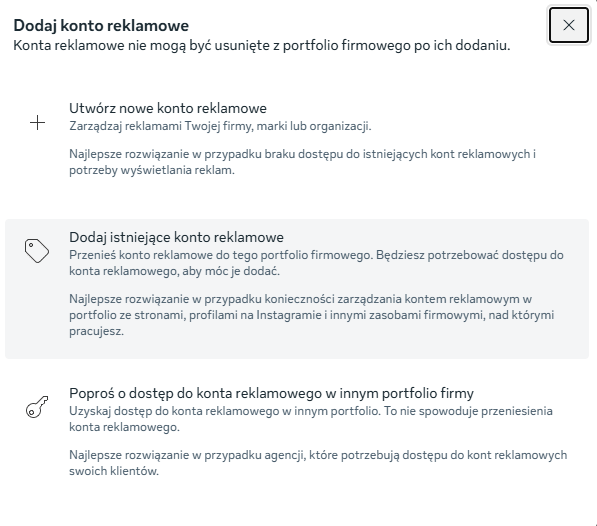 Dodawanie istniejącego konta reklamowego w Meta
