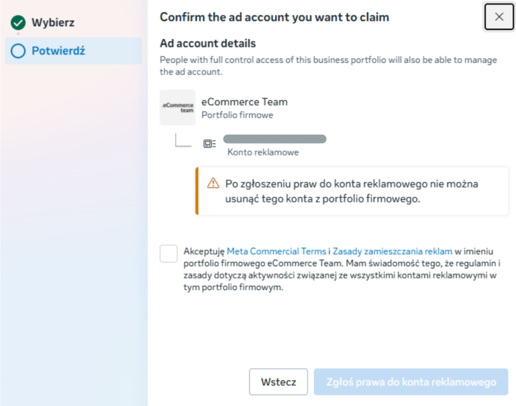 Podpięcie konta reklamowego w Managerze Firmy Meta