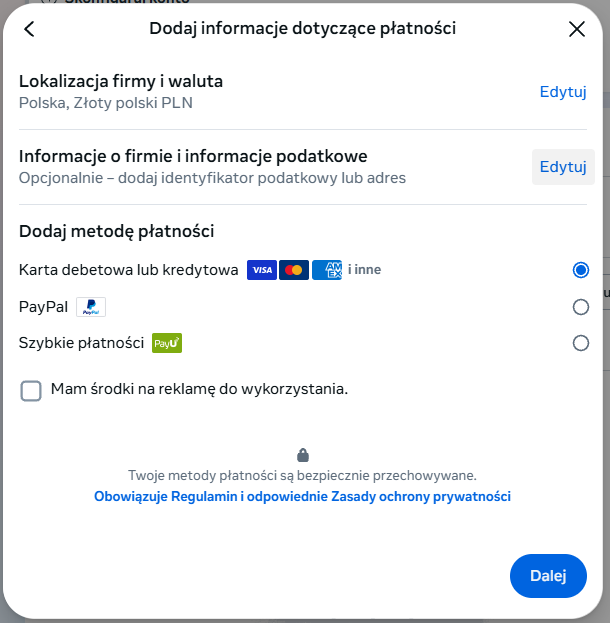Dodawanie metody płatności w reklamach Meta