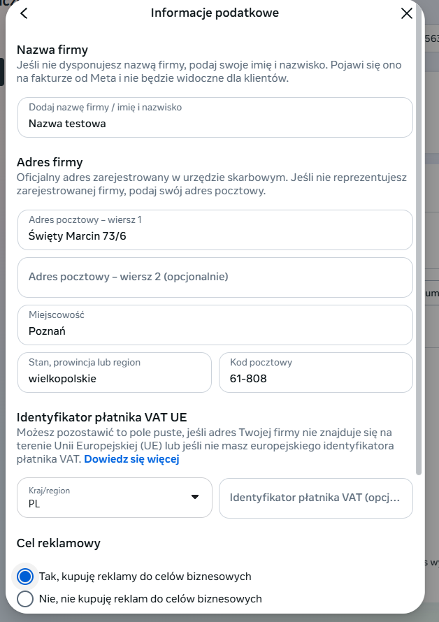 Informacje podatkowe w płatnościach Meta