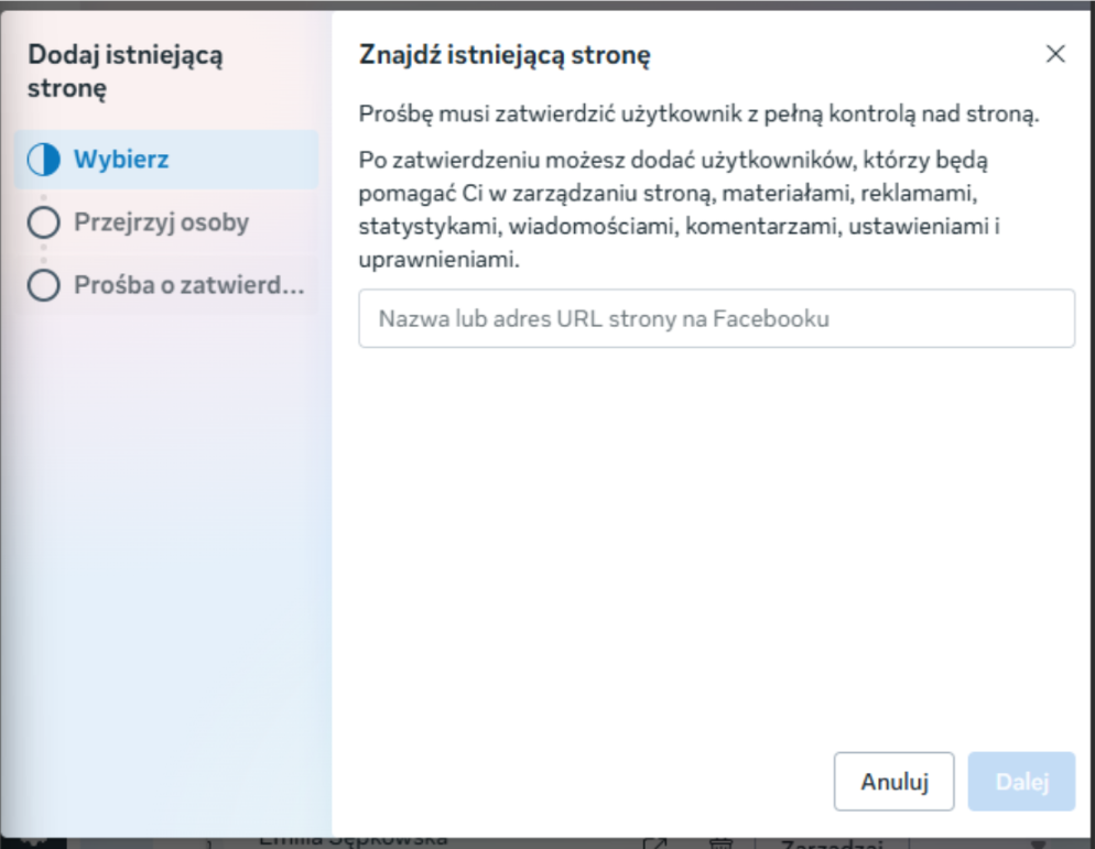 Istniejąca strona w Managerze Firmy Meta