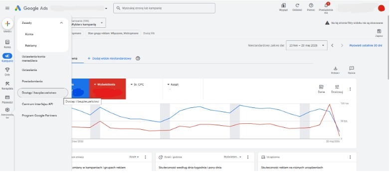 Google Ads – menu ustawień z opcją „Dostęp i bezpieczeństwo”