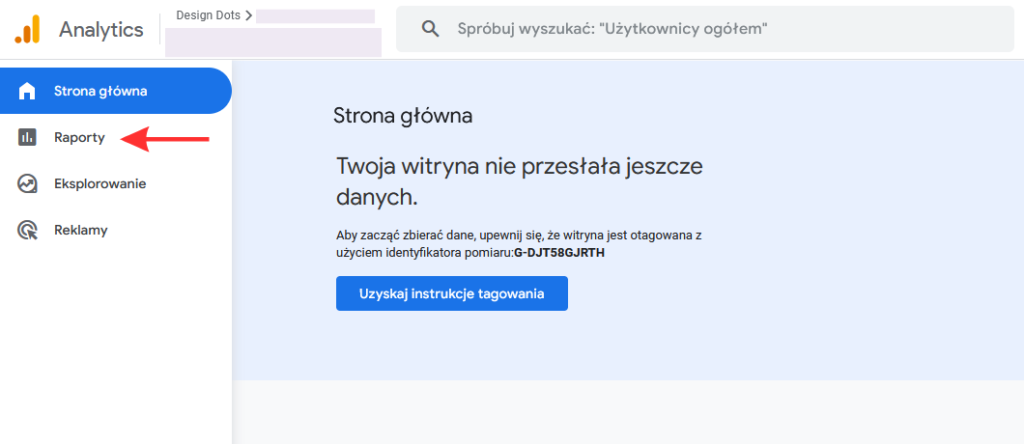 Google Analytics 4 – widok strony głównej bez zebranych danych i z identyfikatorem pomiaru