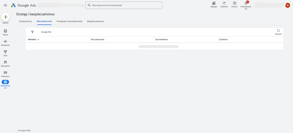 Google Ads – zakładka „Menedżerowie” w sekcji Dostęp i bezpieczeństwo