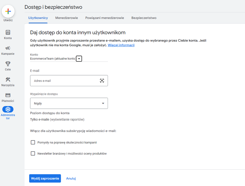 Google Ads – formularz przyznawania dostępu innemu użytkownikowi